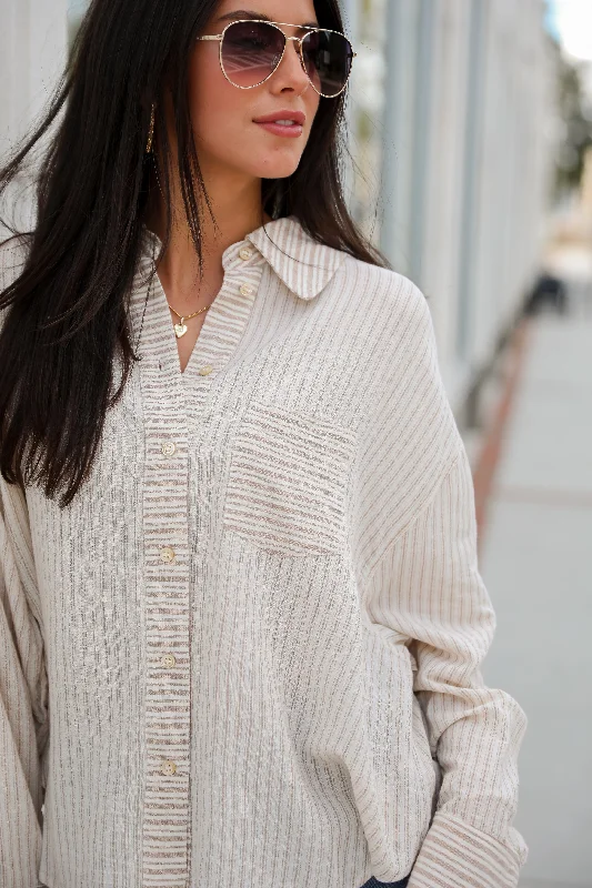 Adored Pose Taupe Striped Button-Up Blouse