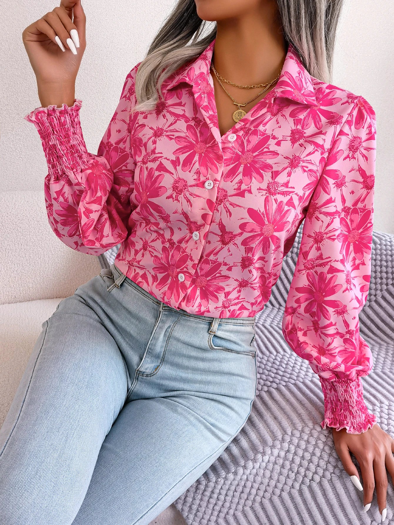 Casual Lapel Button Long Sleeve Flower Print Women's Blouse