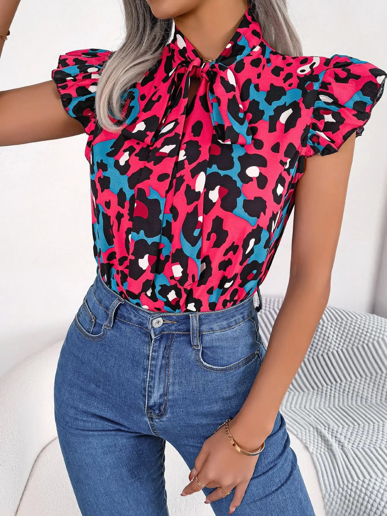 Casual Leopard Print Lace Up Ruffles Chiffon Fashion Summer Bow Tie V neck Blouse