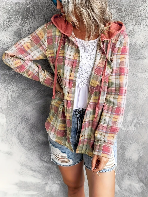 Casual Plaid Print Long Sleeve Drawstring Hooded Blouse