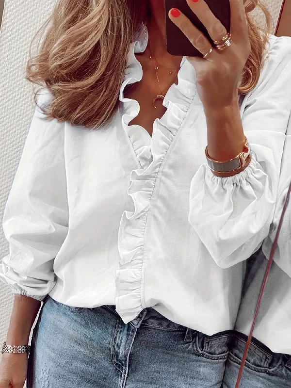 Casual Ruffled Trim V Neck Long Sleeve Loose Blouse