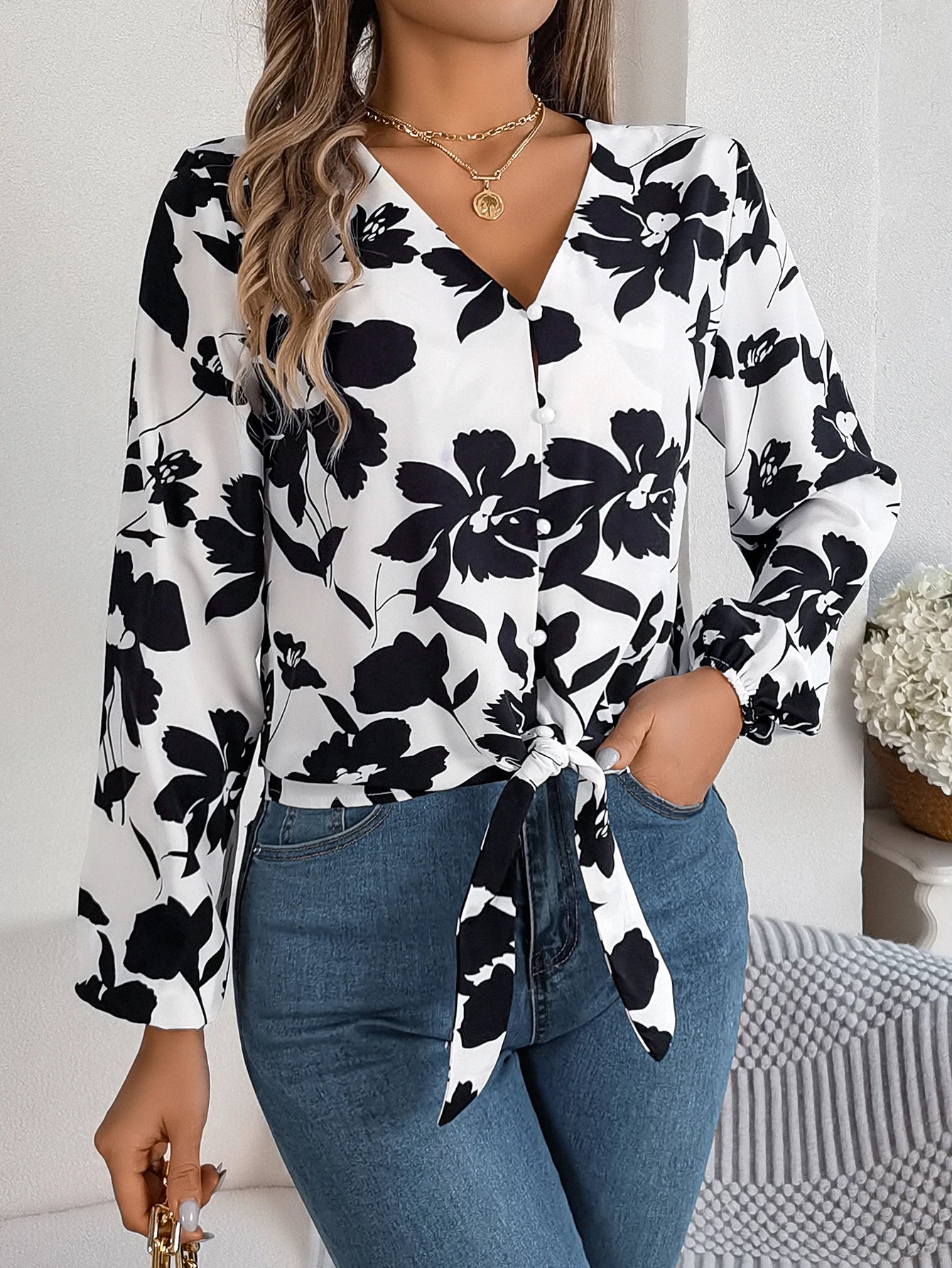 Casual V-neck Button Front Tie Front Floral Print Spring Fall Women's Blouse