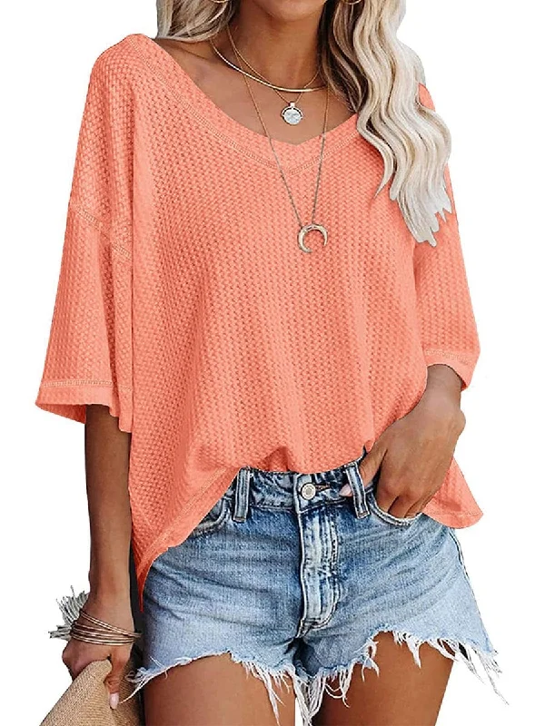 Causual Waffle Knit Loose Tunic V Neck Short Sleeve Blouse