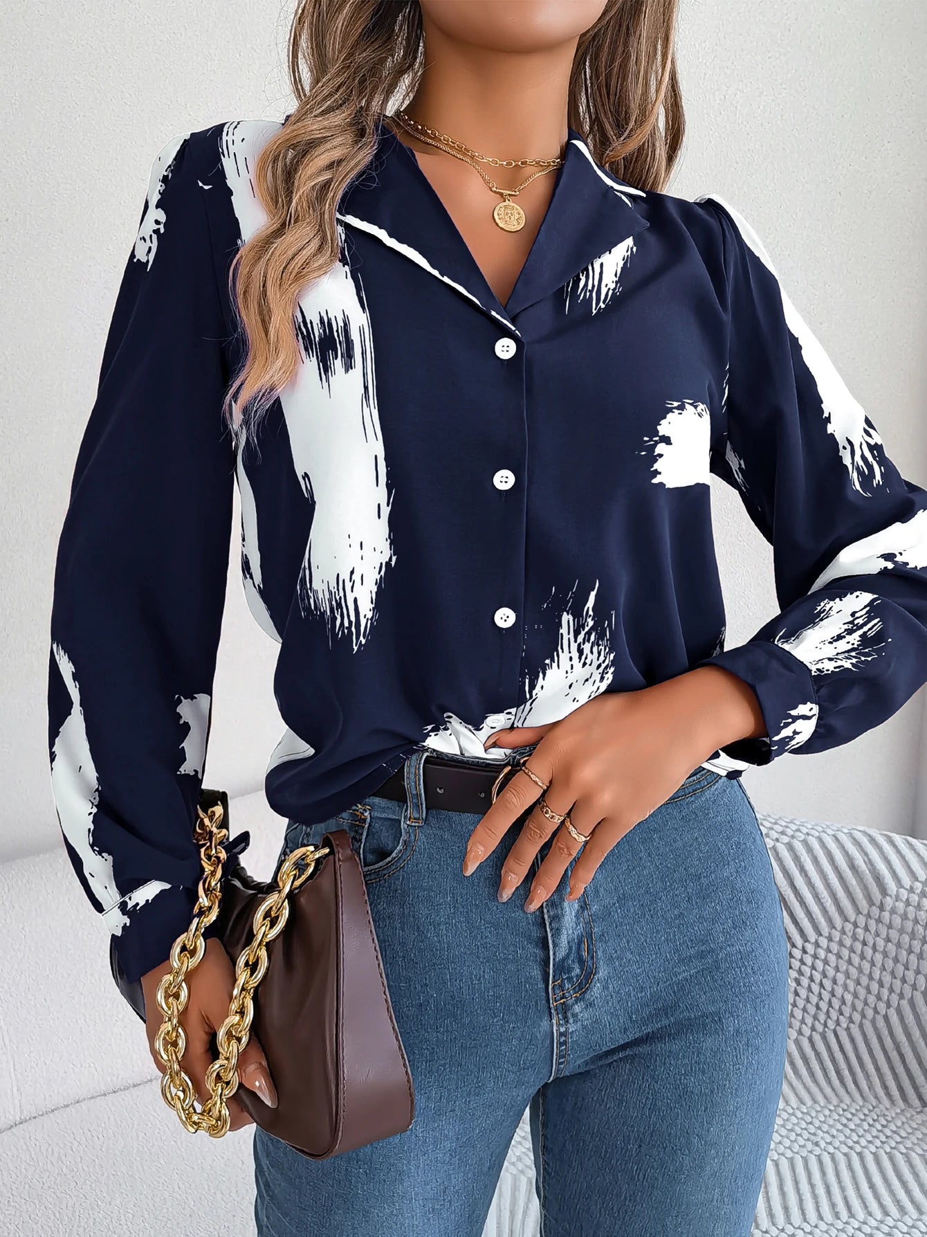 Elegant Long Sleeve Brush Print Button Front Work Office Women's Blouse