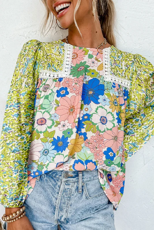 Green Mixed Floral Print Long Sleeve Blouse