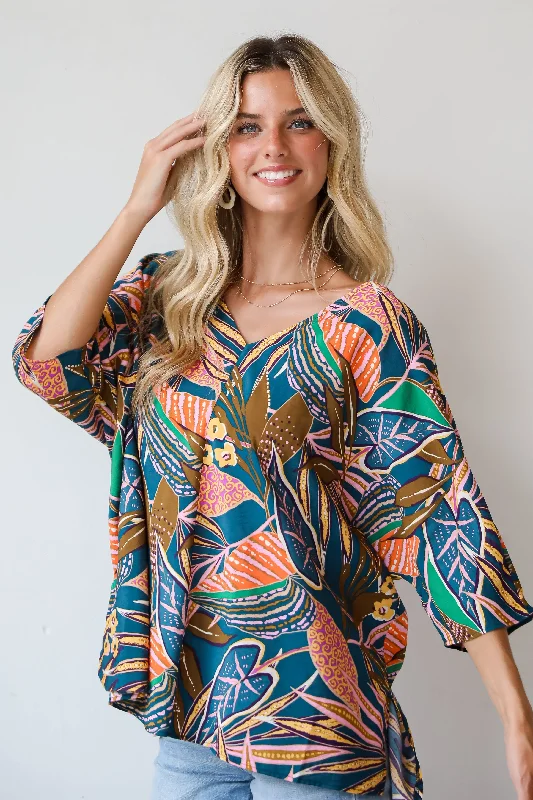 FINAL SALE - Incredible Allure Teal Leaf Print Oversized Blouse