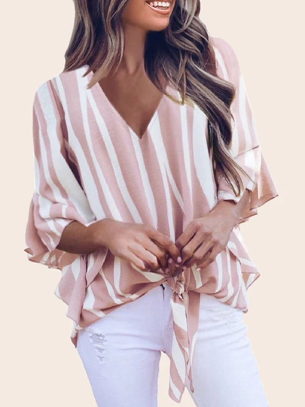 Loose Chiffon Off Shoulder Striped Front Tie 3/4 Sleeve Blouses