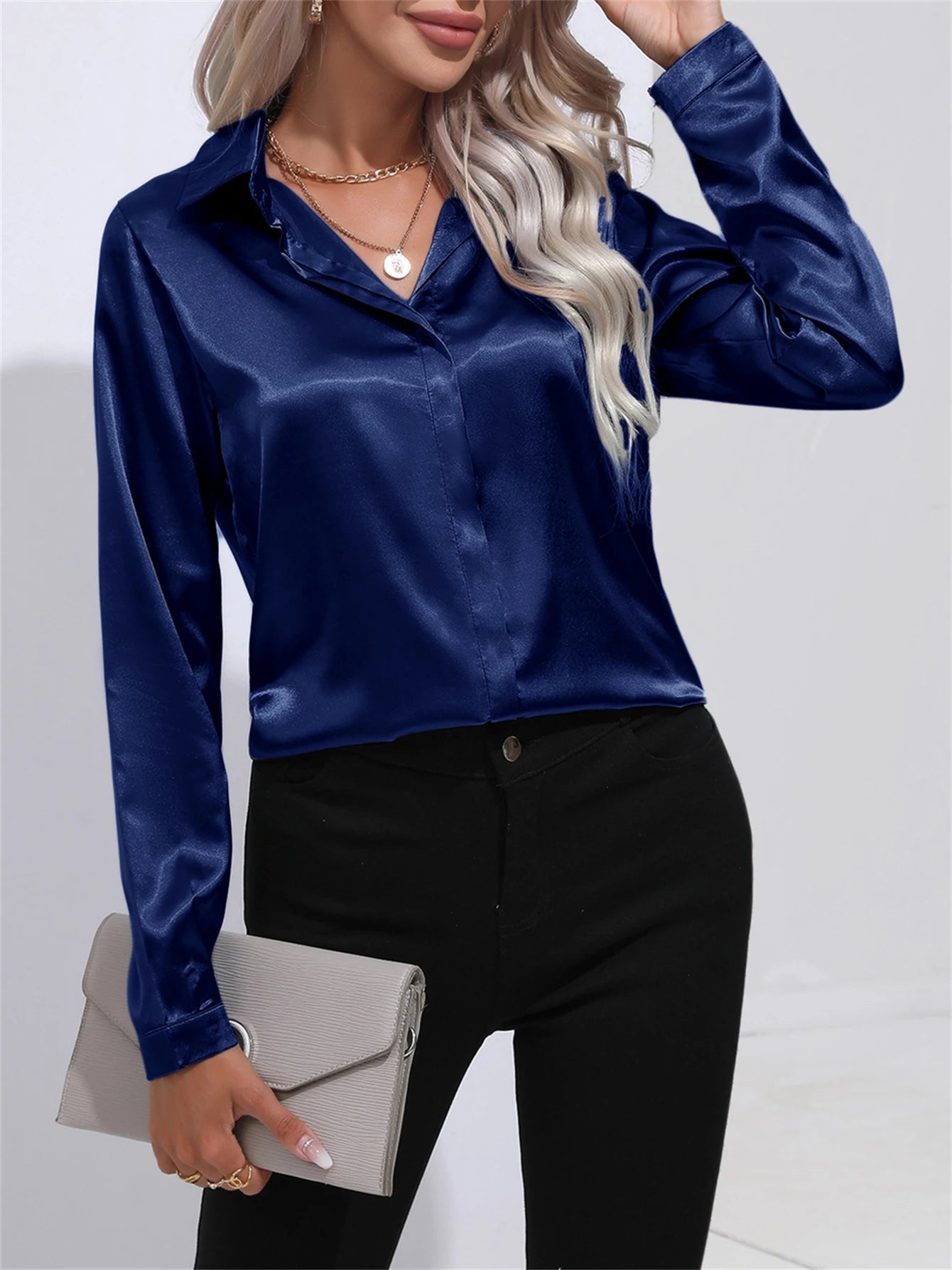 New Fashion Solid Lapel One Button Simulation Satin Long Sleeved Office Blouse