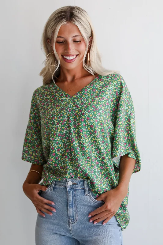 FINAL SALE - Perfect Whimsy Green Floral Oversized Blouse