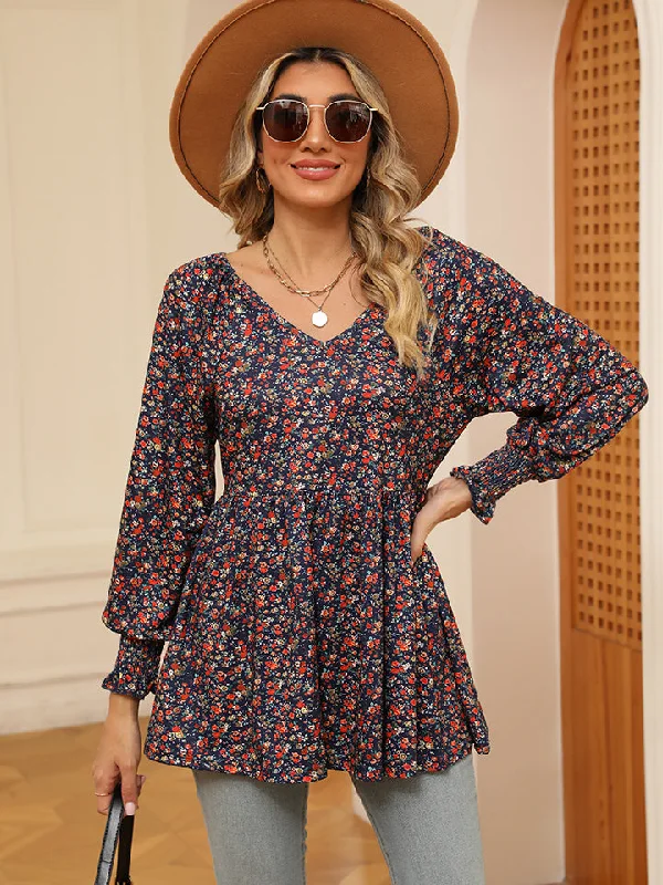 Printed V-Neck Lantern Sleeve Blouse