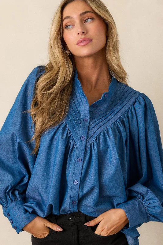 See What Happens Medium Wash Chambray Blouse