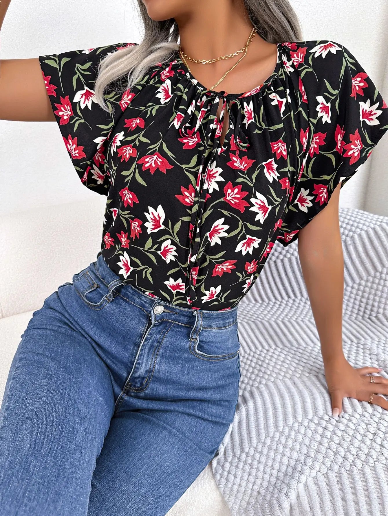 Spring Summer Casual Crew Neck Short Sleeve Floral Print Drawstring Blouse