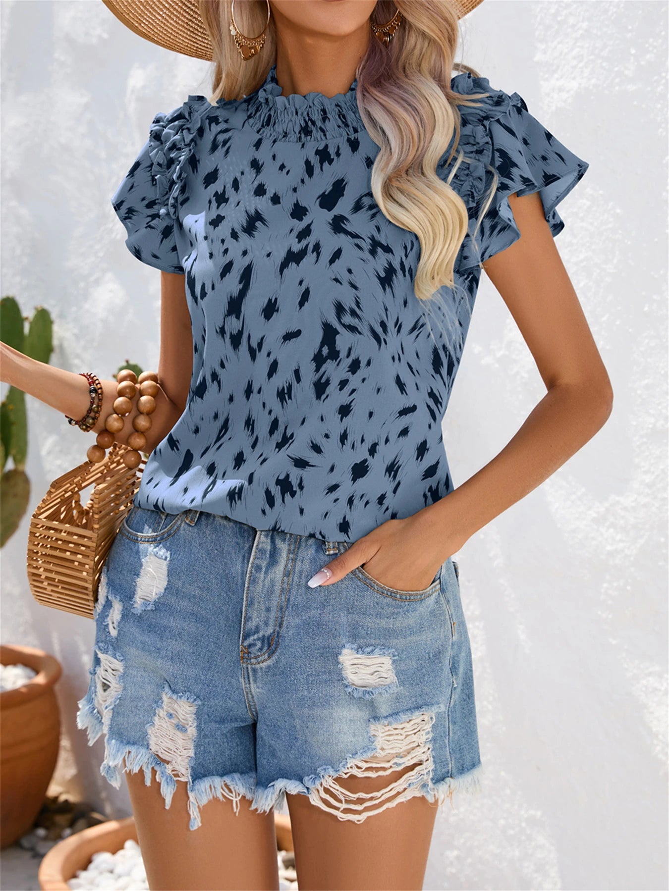 Spring Summer Casual Round Neck Wooden Ear Ruffled Leaf Sleeves Leopard Print Vacation Blouse