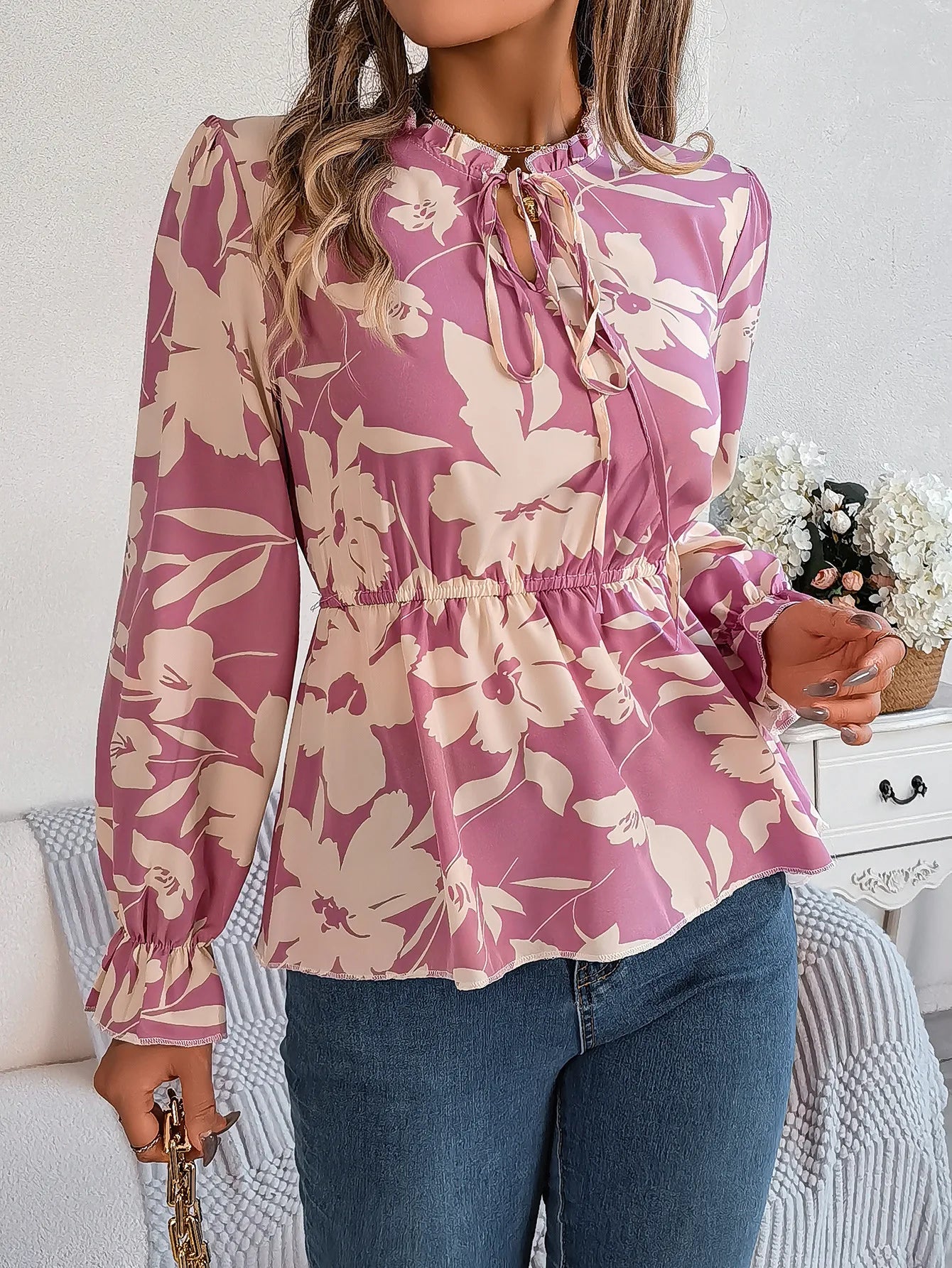 Vacation Style Tie Neck Long Sleeve Waist-tied Floral Print Women's Blouse