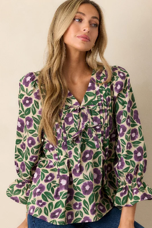 Whispering Willows 100% Cotton Purple Floral Blouse