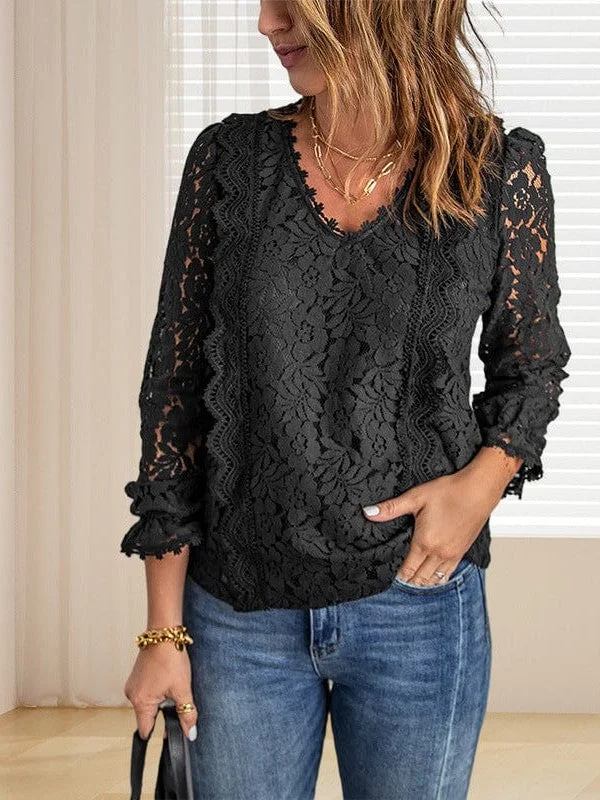 Women's Blouse Lace Embroidery Stitching Bow Tie Long Sleeves Blouse