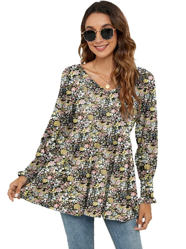 Printed Bubble Long-Sleeved Waist Blouse