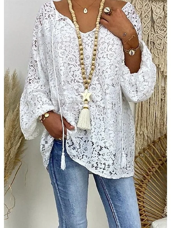 Women's Blouse White Floral Lace Long Sleeve Daily Vacation Streetwear Elegant Casual V Neck Plus Size L