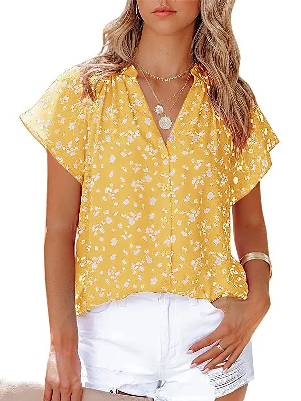 Chiffon Fashion Printed V-Neck Short Sleeve Blouse