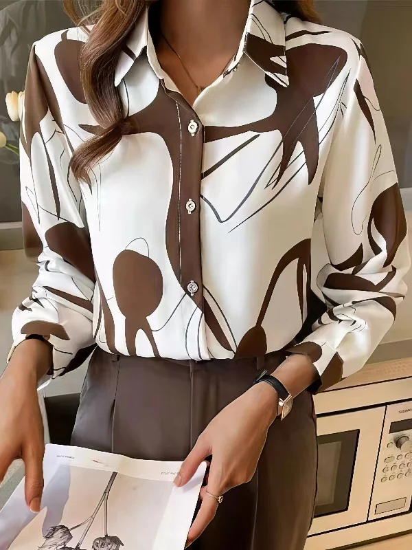 Long Sleeve Stand Collar Button Printed Blouse