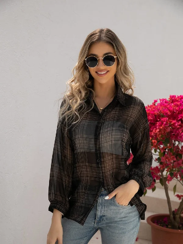 Plaid Hong Kong Style Long Sleeve Blouse