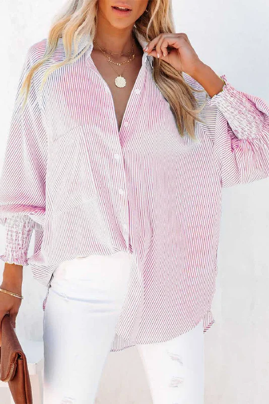 Simple Solid Lapel Button Long Sleeve Blouses