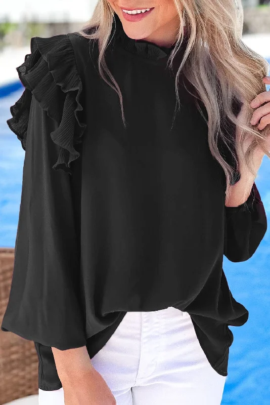 Solid Ruffled V-Neck Long Sleeve Blouse