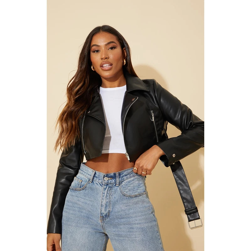 Super Cropped Belted Biker Leather Jacket