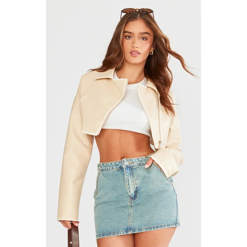 Cropped Boxy Cream Worn Leather Jacket