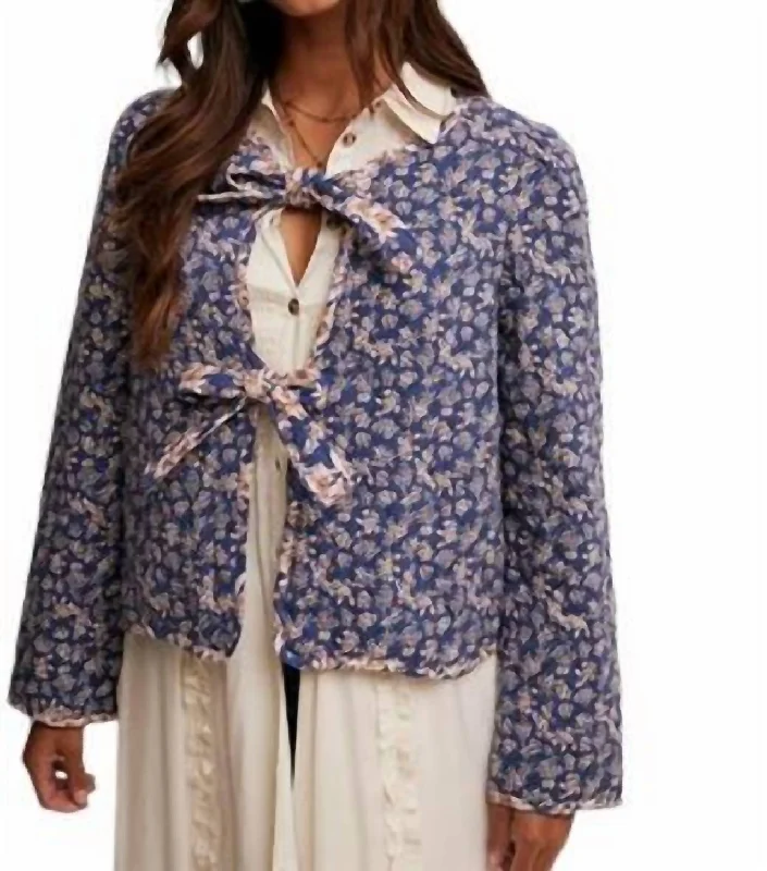 Ditzy Floral Print Front Bow Tie Quilt Jacket In Navy