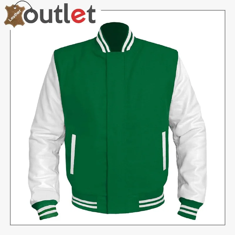 GREEN Wool & White Leather Varsity Jacket For Women