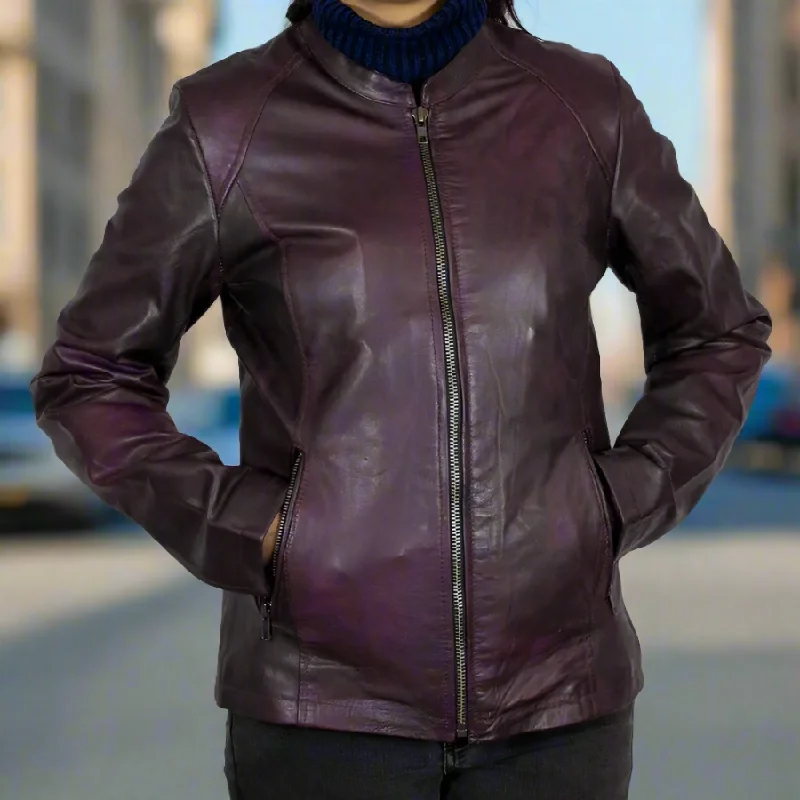 BOL Women's Purple Wash Moto Sheepskin Leather Jacket