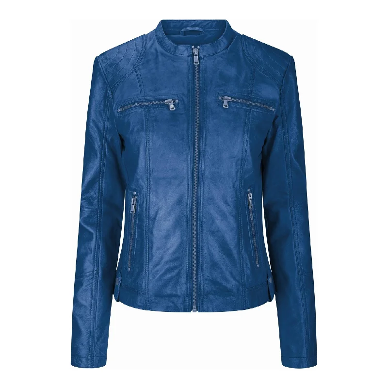 New Ladies Womens Real Leather Slim Fit Soft Zip Biker Style Jacket