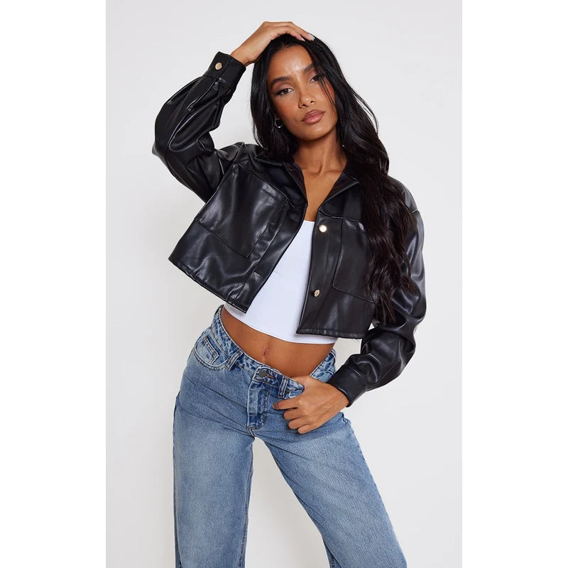 Oversized Cropped Black Leather Jacket