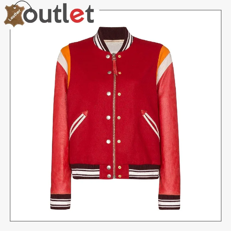 Red Color Scarlett Leather Varsity Bomber Jacket