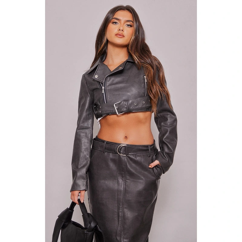 Super Cropped Distressed Belted Biker Jacket