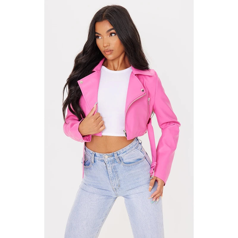 Super Cropped Belted Biker Pink Leather Jacket