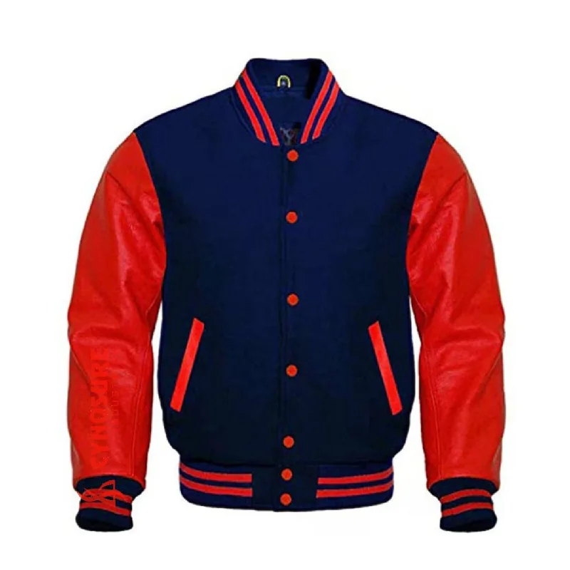 Varsity Jacket Navy Wool Body Genuine Red Leather jacket