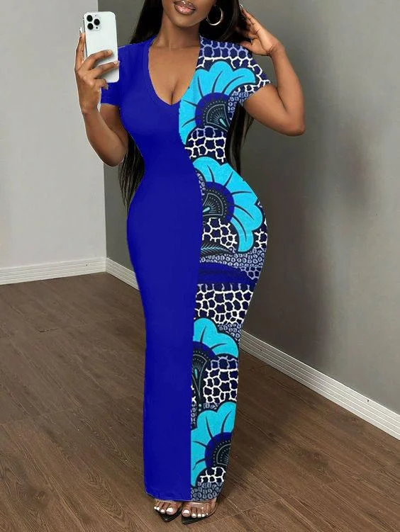 African Ethnic Patchwork Print Short Sleeve Bodycon Maxi Dress