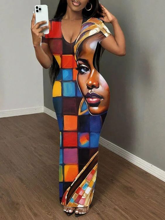 African Lady Colorblock Print Short Sleeve Bodycon Maxi Dress