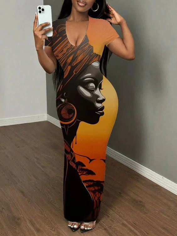 African Lady Print Short Sleeve Bodycon Maxi Dress