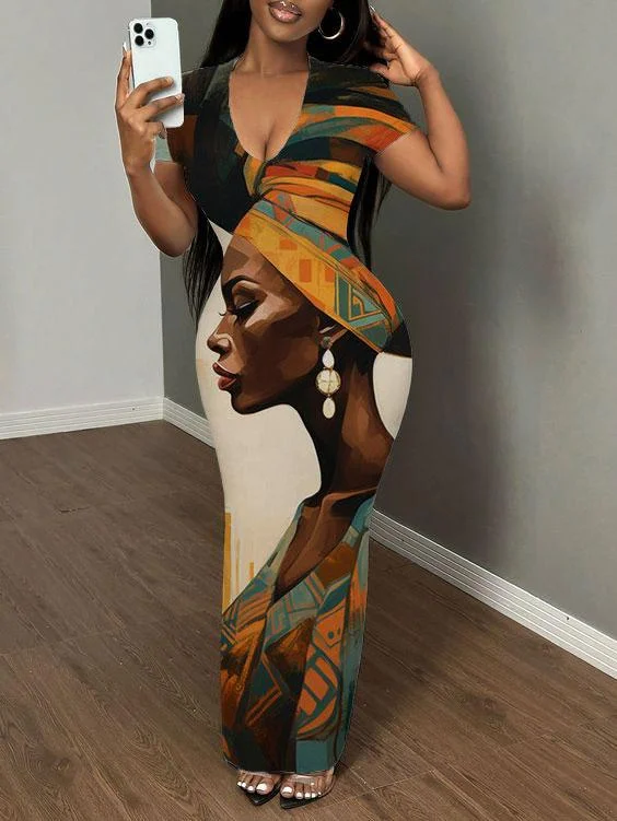 African Lady Printing Print Short Sleeve Bodycon Maxi Dress