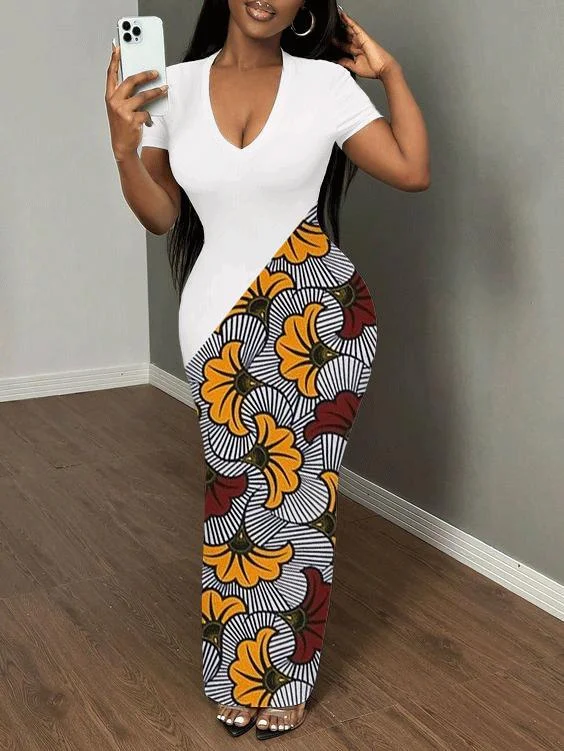 African Pattern Print Short Sleeve Bodycon Maxi Dress