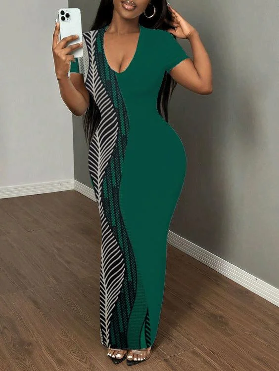 African Pattern Print Short Sleeve Bodycon Maxi Dress