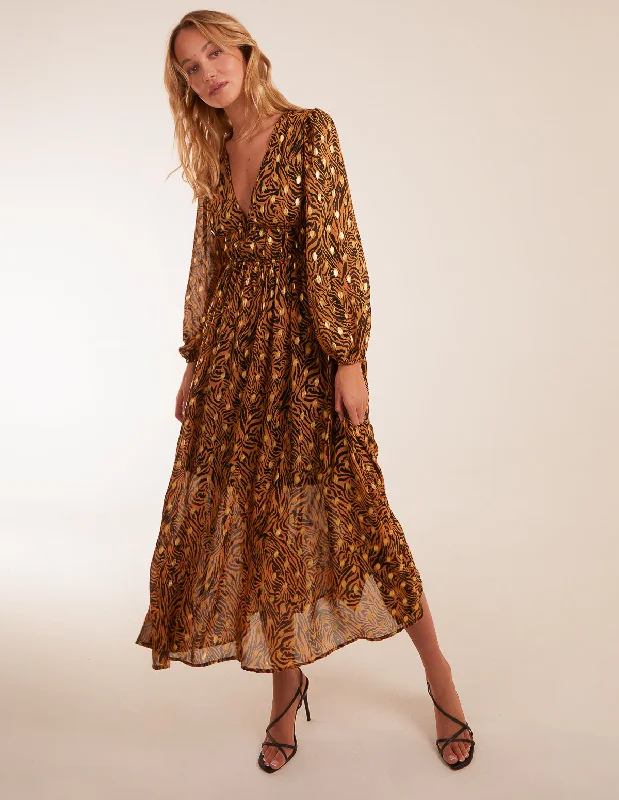 Shirred Waist Animal And Foil Print Maxi Dress