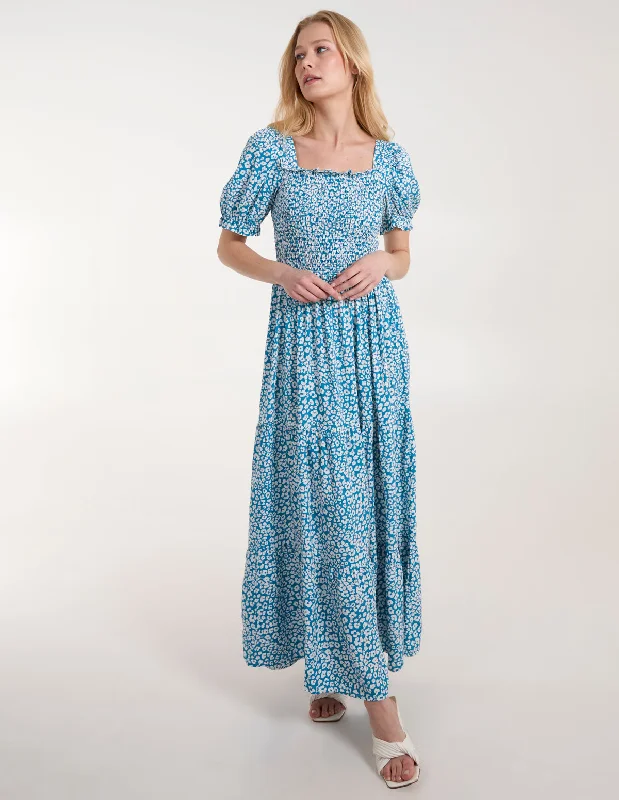 Milkmaid Square Neck Short Puff Sleeve Maxi Dress