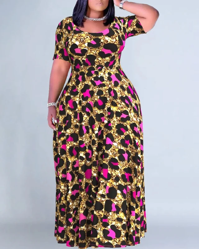 Casual Multicolor Leopard Round Neck Short Sleeve Maxi Dresses