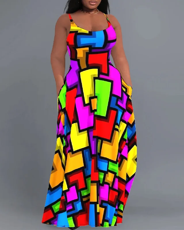 Casual Sundress Colorful Geometric Colorblock Cami With Pockets Maxi Dress