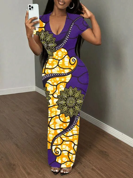 Colorblock African Pattern Print Short Sleeve Bodycon Maxi Dress