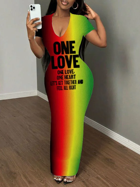 Colorful One Love Print Short Sleeve Bodycon Maxi Dress